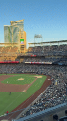 Live baseball in San Diego with a full stadium and city skyline