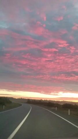 The video shows a view from a moving vehicle on a road at sunrise. The sky is filled with pink and gray clouds, with a bright yellow and orange glow on the horizon. The road is asphalt with white lines indicating lanes. The surrounding landscape is sparsely vegetated with low bushes and trees. The vehicle is moving at a steady pace, as evidenced by the consistent perspective and the slight blur of the landscape. There are no people or other vehicles visible in the frame.