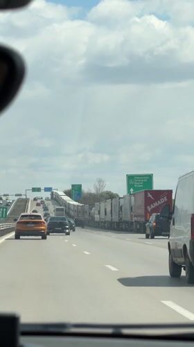 Traffic jam blocks multi-lane highway near Lozen, Bulgaria