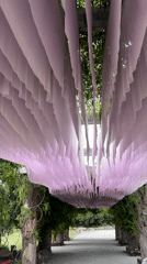 Ornamental garden space with fabric canopy and lion waterfall