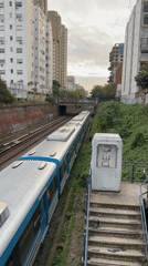 Train passes through residential cutting in Buenos Aires