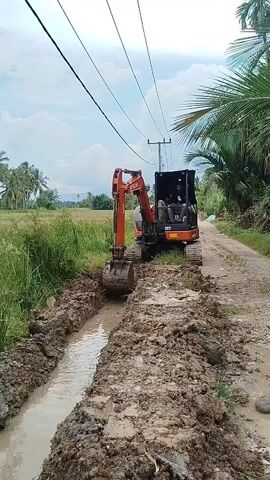An orange excavator is digging a trench next to a dirt road. The trench is filled with muddy water. There are power lines running overhead. To the left of the road is a field of tall green grass, and to the right are palm trees. The sky is cloudy.