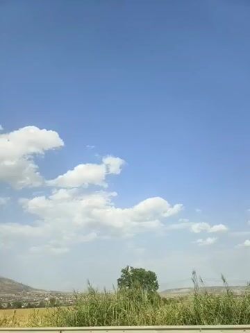 The video is an outdoor shot of a wide landscape under a bright blue sky with scattered white clouds. The foreground shows a line of tall, dry grasses or reeds, possibly bordering a road. Behind the grasses, a village or small town is visible, nestled in a valley. A few trees dot the landscape, and a distant power line structure can be seen on the right. The overall impression is of a rural or semi-rural setting on a clear day. There are no people or discernible actions in the video. The camera appears to be moving slightly, suggesting it might have been filmed from a vehicle.