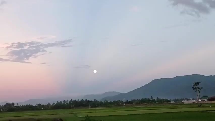 The video shows a wide shot of a rural landscape at dusk. In the foreground, there are green fields, possibly rice paddies. In the midground, there is a line of trees and some houses. In the background, there are rolling hills and mountains. The sky is a pale blue with some scattered clouds, tinged with pink and orange from the setting sun. A small, bright circle, likely the moon, is visible in the sky, casting faint rays of light downwards. The overall impression is one of peace and tranquility.