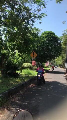 The video begins with a view from a vehicle traveling on an asphalt road lined with a concrete curb and vegetation. A woman wearing a pink jacket, blue hijab, and helmet is stopped on a blue motorcycle on the right side of the road. She is looking towards the left, and it appears she is about to turn or is waiting for someone. A yellow diamond-shaped sign with a black exclamation point is visible behind her, along with other smaller red signs. Lush green trees and bushes are abundant on the left side of the road, and a building with pink walls is partially visible in the background on the right. Another motorcycle is seen in the distance further down the road. The sky is clear and blue, suggesting a sunny day.