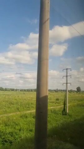 The video shows a static shot of a rural landscape with a bright blue sky filled with white, fluffy clouds. In the foreground, there is a tall, concrete utility pole supporting multiple power lines. The pole is situated on the edge of a vast, green field covered in tall grass and dotted with small bushes and trees in the distance. A dirt path is visible in the field, curving towards the horizon. The overall scene depicts a clear, sunny day in a natural, open environment.