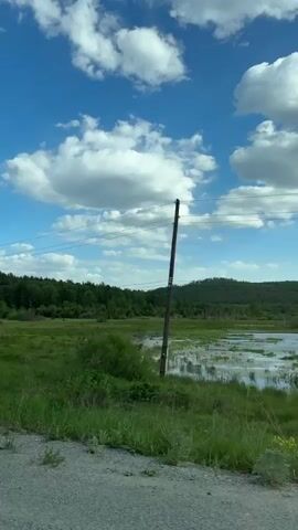 The video captures a scenic view of a green meadow landscape under a bright blue sky with fluffy white clouds. A line of trees borders the meadow in the background, and rolling hills can be seen further in the distance. Power lines and utility poles stretch across the sky. The camera appears to be in motion, possibly from a moving vehicle. The foreground shows some gravelly terrain close to the camera. The scene is predominantly natural, conveying a sense of open space and tranquility.