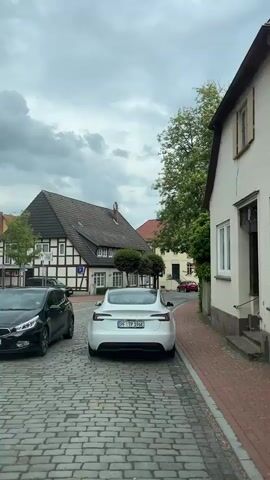 The video is a static shot of a white Tesla Model 3 parked on a cobblestone street in what appears to be a quaint European village. The car is facing away from the camera, with its license plate clearly visible. The street is lined with traditional European-style buildings, including half-timbered houses and brick structures. A large tree with white blossoms overhangs the street, partially obscuring the sky which is overcast. There is another car parked on the left side of the street in the background. The video focuses on the car and the surrounding architecture. Music plays in the background.