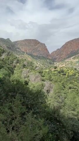 The video captures a panoramic view of a mountainous landscape in Ardales, Spain. The scene opens with a wide shot of a valley flanked by two large, rugged mountains, featuring varying shades of brown and orange rock formations. The valley floor and lower slopes are densely covered with lush green trees and shrubs, with some lighter patches indicating grassy areas or clearings. The sky is overcast with gray clouds, suggesting a cloudy but bright daytime.

As the camera pans slowly to the right, more of the expansive valley is revealed. A river with greenish water can be seen flowing through the bottom of the valley, winding its way between the verdant vegetation. The mountainsides become steeper and rockier towards the right, with intricate rock patterns and sparse vegetation. A dark tunnel entrance is visible carved into the side of one of the rocky mountains, suggesting infrastructure like a road or railway line. No people or visible text are present in the video. The overall impression is one of natural beauty and a vast, untouched landscape.