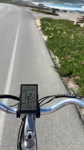 The video shows a first-person perspective of someone riding an electric bicycle on a paved path next to the ocean. The bicycle has a digital display showing a speed of 11.9 mph, PAS 3, and a mileage of 118.14. The path runs along the coastline, with green vegetation and white flowers on one side, and the ocean with rocky outcroppings and crashing waves on the other. The sky is blue with some clouds. The bicycle moves along the path, eventually reaching a concrete area near a wooden fence where one can view the rocky coastline.