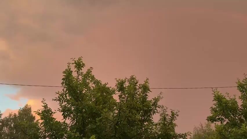 This media file captures a serene outdoor scene, likely during the late afternoon or early evening, given the soft, diffused light and the presence of a rainbow. The sky is a prominent feature, a canvas of muted pinks and purples, indicating either the afterglow of sunset or a sky softened by clouds.

Dominating the foreground and lower portion of the frame are lush, green trees. Their dense foliage suggests a temperate climate and a time of year when vegetation is in full bloom, likely summer or late spring. A thin, dark electrical wire stretches horizontally across the frame, cutting through the branches of the trees and adding a man-made element to the otherwise natural landscape.

The most striking element is the faint rainbow arcing across the sky. It's subtle, with colors that blend softly into the sky's hues, suggesting it might be a weaker or more distant rainbow, or that the light conditions are not ideal for a vibrant display. This adds a touch of magic and wonder to the scene.

In the lower left quadrant, a hint of a red-roofed building or structure can be seen peeking through the trees, providing a subtle cue to human habitation. To the far right, the edge of a dark, possibly overhanging structure, like a roof or eave, frames the scene, suggesting the viewpoint is from under some sort of shelter.

The overall mood is peaceful and tranquil, evoking a sense of calm and natural beauty. The combination of the soft sky, the verdant trees, and the ethereal rainbow creates a picturesque and somewhat dreamlike atmosphere. No text is visible in the media file. The location context provided is "Тмз Снт, Russia."