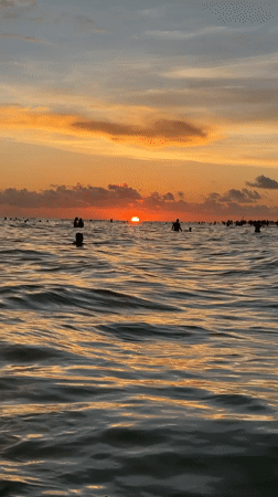 Siesta Key beach crowd in the water at sunset
