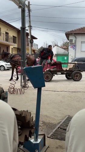 Man steps off horse-drawn cart on Lovech street