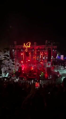 Red-lit DJ stage at a Belgrade outdoor night festival