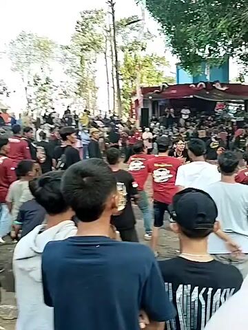 The video depicts an outdoor gathering of people, likely a festival or cultural event, under a large tree. In the foreground, a person dressed in a colorful, ornate costume, possibly representing a mythical creature or character, is in motion. This individual is the central focus of attention for a group of onlookers. Some people in the crowd are observing the performance, while others appear to be interacting with each other. The environment suggests a warm, possibly tropical climate, with lush greenery and a somewhat dusty ground. There are structures in the background that might be stages or vendor stalls. The overall atmosphere seems energetic and festive.