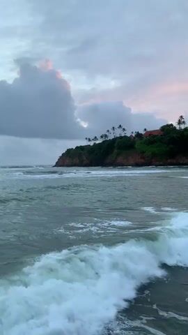This is a vertical video capturing a coastal scene in Batawala, Sri Lanka. The foreground is dominated by the ocean, with white waves crashing and foaming as they move towards the viewer. The water is a deep, muted green, suggesting depth and possibly the choppiness of the sea.

In the mid-ground, the ocean stretches out to meet a lush green cliffside that juts into the water. The cliff is covered in dense vegetation, with scattered palm trees silhouetted against the sky. On top of the cliff, several buildings with reddish-brown roofs are visible, partially obscured by the trees, suggesting a resort or residential area. A small beach can be seen further along the coastline.

The background features a dramatic sky with a mix of dark, heavy clouds and softer, pastel hues of pink and orange, indicating either sunrise or sunset. The lighting is dim, creating a somewhat moody and serene atmosphere. The weather appears to be overcast with the possibility of recent rain or approaching weather.

There are no people or overt man-made objects in the immediate foreground or mid-ground, with the focus being on the natural landscape and the ocean. The overall impression is one of natural beauty and tranquility, with a hint of human presence nestled within the environment. The time of day is likely early morning or late evening due to the sky's colors and lighting.