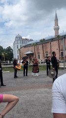 Mariachi band performs near historic mosque in Plovdiv, Bulgaria