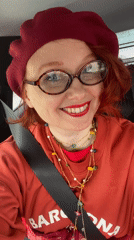 Cheerful red-haired woman in beret spotted in Yekaterinburg vehicle