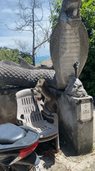 Monkey tries opening plastic bottle on dragon statue Thailand