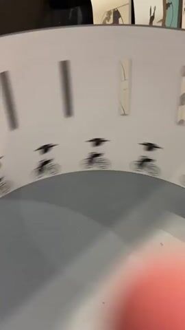 The video shows a zoetrope, a pre-cinema animation device. It has a rotating drum with a series of static images on the inside surface, which are viewed through narrow slits in the drum as it spins. In this video, the zoetrope displays a sequence of images of a person riding a bicycle. The camera is positioned to show the zoetrope in motion, with the images appearing to animate as they pass by the slits. The background of the video is out of focus and shows a wall with some artwork on it. The lower part of the video is blurred due to motion, suggesting the camera is also moving or the object in the foreground is moving.