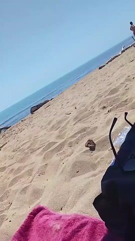 The video shows a first-person perspective of someone lying on a sandy beach. The camera pans down to show their bare legs and feet, which are covered in sand. To the right, a pair of sunglasses rests on a dark-colored bag, and a partially empty plastic bottle is also visible. In the background, the ocean stretches out towards the horizon under a clear blue sky. Further up the beach, a few people can be seen, including two men standing near an umbrella, and some seagulls are present. A large piece of driftwood is lying on the sand closer to the water. The overall environment is a sunny beach with the ocean in view.