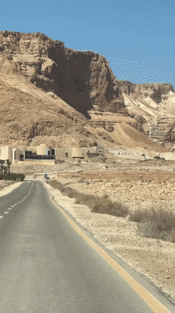 Driving through arid desert terrain toward distant buildings in southern Israel