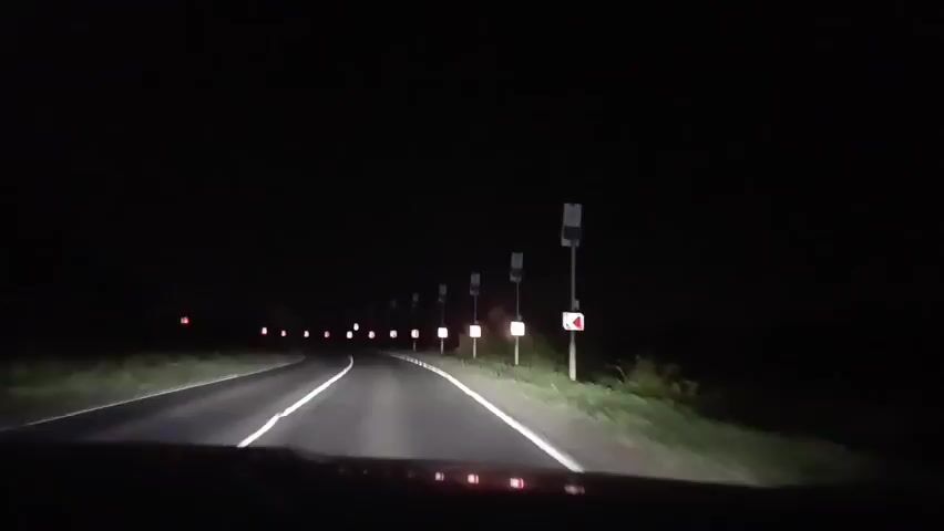 The video shows a first-person view from inside a car driving on a dark, paved road at night. The car's headlights illuminate the road ahead, which has white lane markings. Along the sides of the road, there are numerous vertical posts with signs, some of which are illuminated or reflective. These signs appear to be traffic or directional markers, with at least one clearly indicating a sharp curve to the right. The surrounding environment is dark and appears to be rural or undeveloped, with vegetation visible on the sides of the road. The overall impression is of a solitary drive on an unlit road in the darkness, guided only by the car's headlights and the roadside markers.