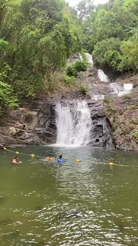 The video shows a waterfall cascading down a rocky slope into a pool of water. Lush green trees surround the waterfall and pool. In the pool, three people are swimming. A yellow rope with buoys separates the swimming area from the base of the waterfall. The water in the pool is a greenish color. The sky overhead is overcast.