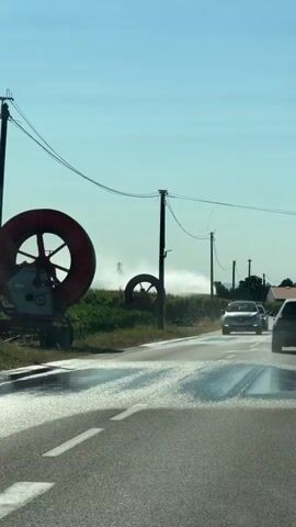 The video shows a drive through a rural area on a sunny day. In the foreground, the wet asphalt road reflects the sky and surrounding environment. On the left side of the road, a large red irrigation reel is visible, attached to a trailer. Further down the road, another irrigation reel is seen, with water spraying from an unseen source, creating a mist in the air. Power lines stretch across the scene, supported by poles. Cars are driving on the road, with one white car in the distance and a silver car closer to the camera. The environment appears to be agricultural, with fields of green crops visible. The interior of a car is shown, with a person wearing sunglasses and a hat pointing towards the irrigated fields. The person is wearing a black t-shirt and a beaded necklace. The camera is positioned inside the car, looking out the window.