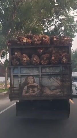 A truck filled with harvested palm fruit bunches is shown from behind as it drives on a road. The side of the truck features a painting of a woman reclining on a beach, with palm trees in the background. The truck is moving away from the camera, and the scene appears to be in a rural or tropical area, indicated by the trees and the type of cargo.