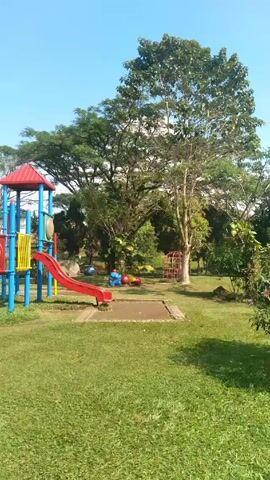 The video shows a playground on a sunny day. The playground equipment includes a climbing structure with a red roof and a slide, a set of swings, and other climbing elements. The playground is set on a grassy lawn with trees in the background. In the distance, a white building with a red roof can be seen. There are also some palm trees. No people are visible in the immediate foreground.