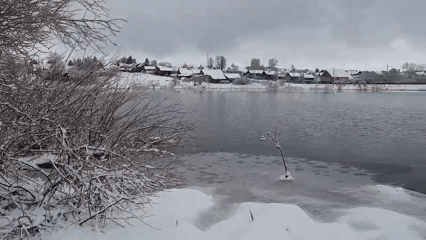Winter morning documented near frozen water in Krasnogorskoye, Russia