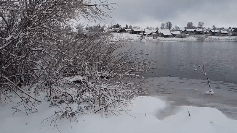 Winter morning documented near frozen water in Krasnogorskoye, Russia