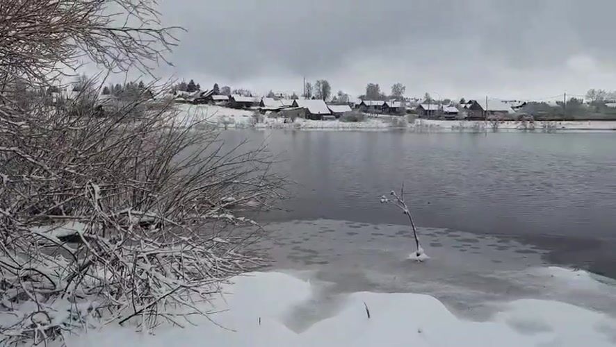 Winter morning documented near frozen water in Krasnogorskoye, Russia