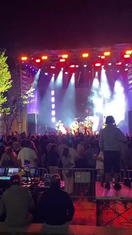 A vertical video captured at night shows a crowded outdoor music festival. A band performs on a brightly lit stage, with purple and white spotlights illuminating them and a haze of smoke filling the air. The stage backdrop features the band's name, "CALLE MIJA", in large letters. In front of the stage, a large audience is gathered, with many people standing and holding up their phones to record. Two figures are visible in the foreground, appearing to be sound technicians or crew members, seated at consoles with equipment. A fence separates the audience from the stage area. To the left of the frame, the branches of a tree are visible against the dark sky. The overall atmosphere is energetic and celebratory.