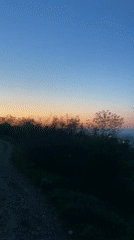Urban dusk-to-night transition observed from elevated dirt path overlook
