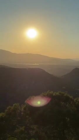 A slow zoom-out reveals a vast landscape at sunset. The sun, a bright orb, shines in the upper left corner of the frame, casting a warm glow across the sky. In the foreground, the tops of lush green trees are visible, their leaves catching the sunlight. Beyond the trees, rolling hills covered in vegetation stretch towards the horizon. In the distance, a hazy expanse of land dotted with buildings and a body of water is visible. A small airplane can be seen flying in the far distance against the clear blue sky. The overall impression is one of a serene and expansive natural environment bathed in the golden light of sunset.