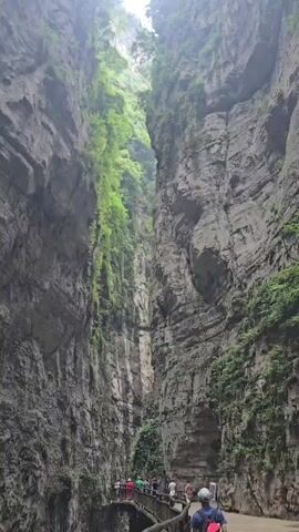The video shows a narrow canyon with towering rock walls covered in greenery. At the bottom of the canyon, a group of people are walking on a path and crossing a bridge. Some people are looking up at the canyon walls. The sky is visible at the top of the canyon, peeking through the narrow opening.