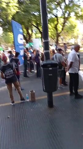 The video shows a group of people gathered in a city street. They are holding a banner with the letters "CTA" and another banner with writing that is partially obscured. Some people are wearing vests with writing on them.  The people are standing on a sidewalk next to a street with trees lining the sides. There are buildings visible in the background. The weather appears to be sunny. Some people are talking to each other. There is a trash can next to a light pole on the sidewalk.