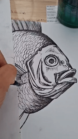 Artist creates detailed fish drawing in Kempelevo, Russia