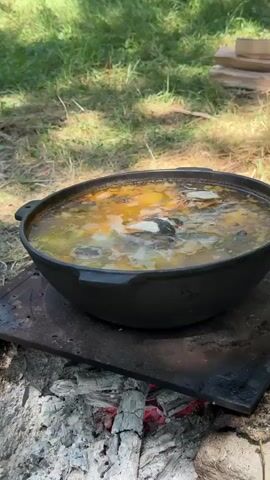 A close-up shot shows a black cast-iron pot filled with a simmering soup or stew. The soup contains various ingredients, including chunks of white meat, possibly fish or chicken, and some yellow pieces, possibly potatoes or vegetables. The pot is placed on a metal grate over an open fire, with visible embers and ash. The background is blurred, showing green grass and trees, suggesting an outdoor setting. There are no people or animals visible in the frame. The lighting appears to be natural daylight.