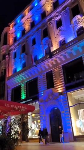 Evening pedestrian activity captured on illuminated Budapest street