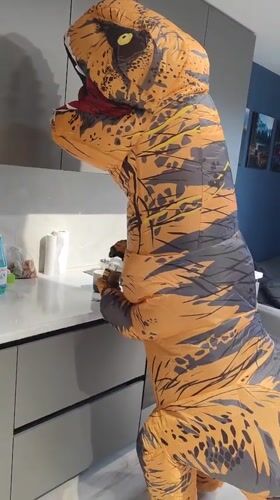 Inflatable T-Rex costume in a Saint Petersburg kitchen