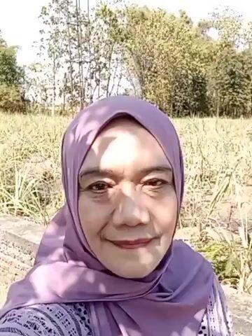 A woman wearing a purple hijab is filmed in a selfie video outdoors. She smiles at the camera. Behind her, there is vegetation, including trees and tall stalks of what appears to be sugarcane. There are also some bamboo poles and what looks like agricultural netting or supports. The ground is dirt and some dry vegetation. The sky is visible in the background and appears to be clear and sunny. The woman's face is well-lit, and she has makeup on, including lipstick. The video captures the woman from the chest up.