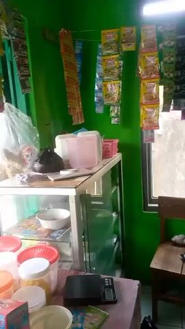 The video shows an interior scene of a room with green walls. Various packets of food or drink items are hanging from strings across the room, along the top of the walls. In the foreground, a glass display cabinet is visible, containing bowls and other items. To the right, a wooden chair is placed near a window covered by blue curtains. On the chair, there are a few small items, including what appears to be a toy car. Various containers and bags are also visible on the floor and on a table in the foreground. The lighting appears to be artificial and possibly natural light coming from the window.
