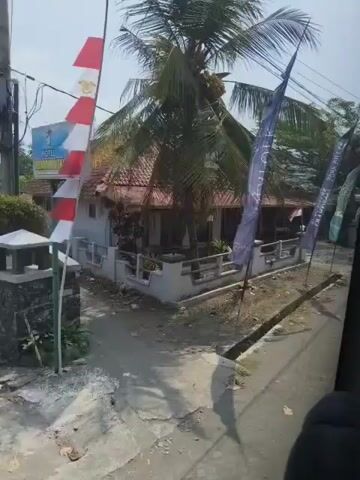The video shows a view from inside a vehicle moving down a street. The street appears to be in a tropical or sub-tropical area, with palm trees visible. Several flags are planted along the side of the road, some of which appear to be promotional or decorative. In the background, there are buildings with red tiled roofs and a house with a white exterior and a swimming pool. A young person in a white dress is briefly visible near the swimming pool. The weather appears to be sunny.