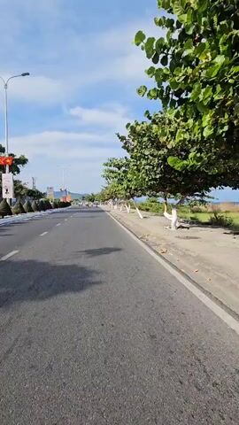 The video shows a point-of-view shot from a moving vehicle, likely a motorcycle, traveling along a road beside a coast. The road is paved with asphalt and has a concrete curb separating it from a pedestrian sidewalk. Trees with green foliage line the sidewalk, their trunks painted white. In the distance, across a grassy field, lies the ocean and an island. The sky is bright blue with scattered clouds. Cars can be seen moving along the road in the distance. The shadow of the person holding the camera is visible in the foreground.