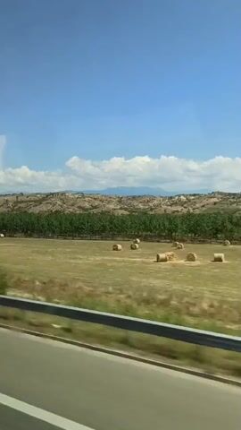 The video shows a view from a moving vehicle, likely a car or bus, looking out at a rural landscape. The sky is bright blue with scattered white clouds. In the middle ground, there is a field with dry, golden grass and several round hay bales. A line of green trees runs horizontally across the field. Beyond the trees, there are rolling hills with a rough, arid texture, appearing tan and brown. In the foreground, a gray barrier or guardrail is visible, running parallel to the road. Trees are also visible along the edge of the road, with some appearing blurred due to the motion of the vehicle. The overall impression is of a sunny day in a dry, agricultural region.