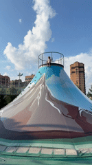Kids play on a painted inflatable volcano slide outdoors