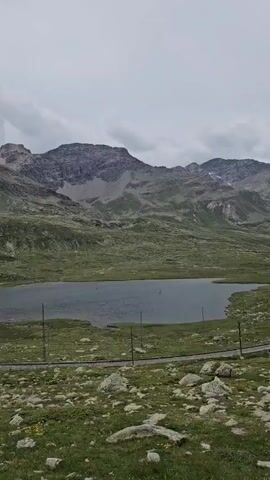 This is a vertical video clip showcasing a mountainous landscape. The scene is dominated by rugged, grey mountains in the background, some with patches of snow and a prominent glacier. In the mid-ground, there is a body of calm, grey-blue water, possibly a lake or reservoir, surrounded by lush green grassy slopes dotted with rocks. A railway track with overhead power lines runs through the middle ground, suggesting human infrastructure within the natural environment. The foreground consists of a rocky, grassy area with scattered boulders.

The sky is overcast with grey clouds, indicating a cloudy or possibly foggy day. The lighting is diffused, suggesting it's either early morning or late afternoon, or simply a heavily overcast day. There are no people visible in the clip.

The overall mood is serene and majestic, highlighting the raw beauty of the alpine terrain. The presence of the railway track hints at the possibility of train travel through this scenic route, and the proximity to Pontresina, Switzerland, places this vista in the Swiss Alps. No text is visible in the video.
